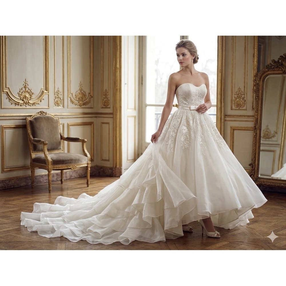 Priscilla of Boston Morgan Wedding Dress Women Ivory Strapless Ballgown Tiered